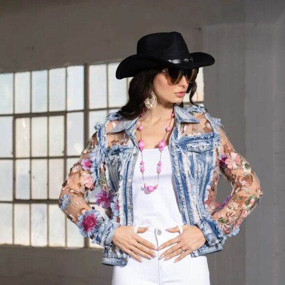 Denim and Lace Embroidered Jacket- - Picture 2 of 2